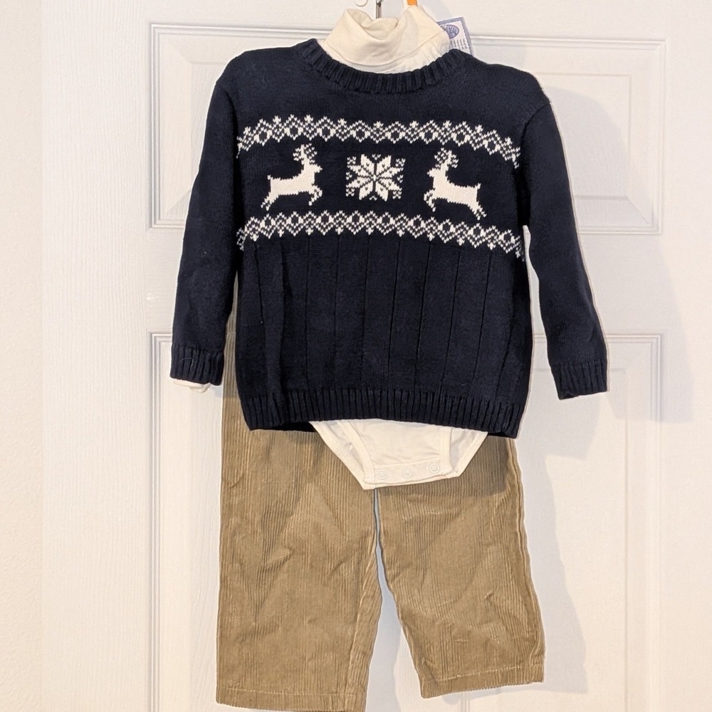 Koala Kids 36M 3T Navy Reindeer Fair Isle Sweater Corduroy Pant Bodysuit Set NWT